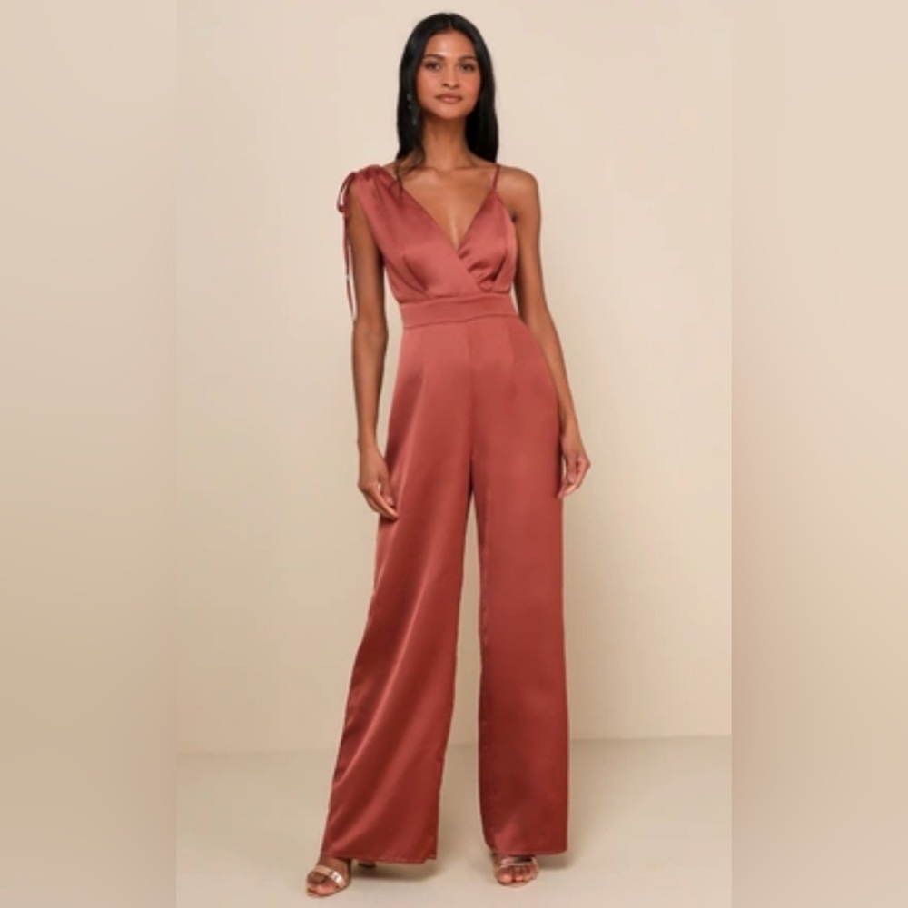 Lulu's Satin Wide-leg Jumpsuit Rusty Rose Size Small